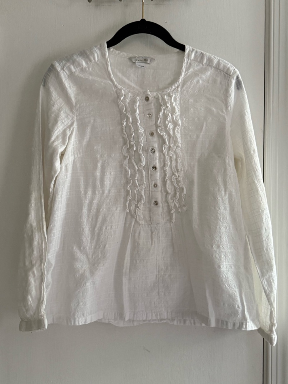 Garnet Hill White Ruffle-Front 100% Cotton Blouse Size 4
